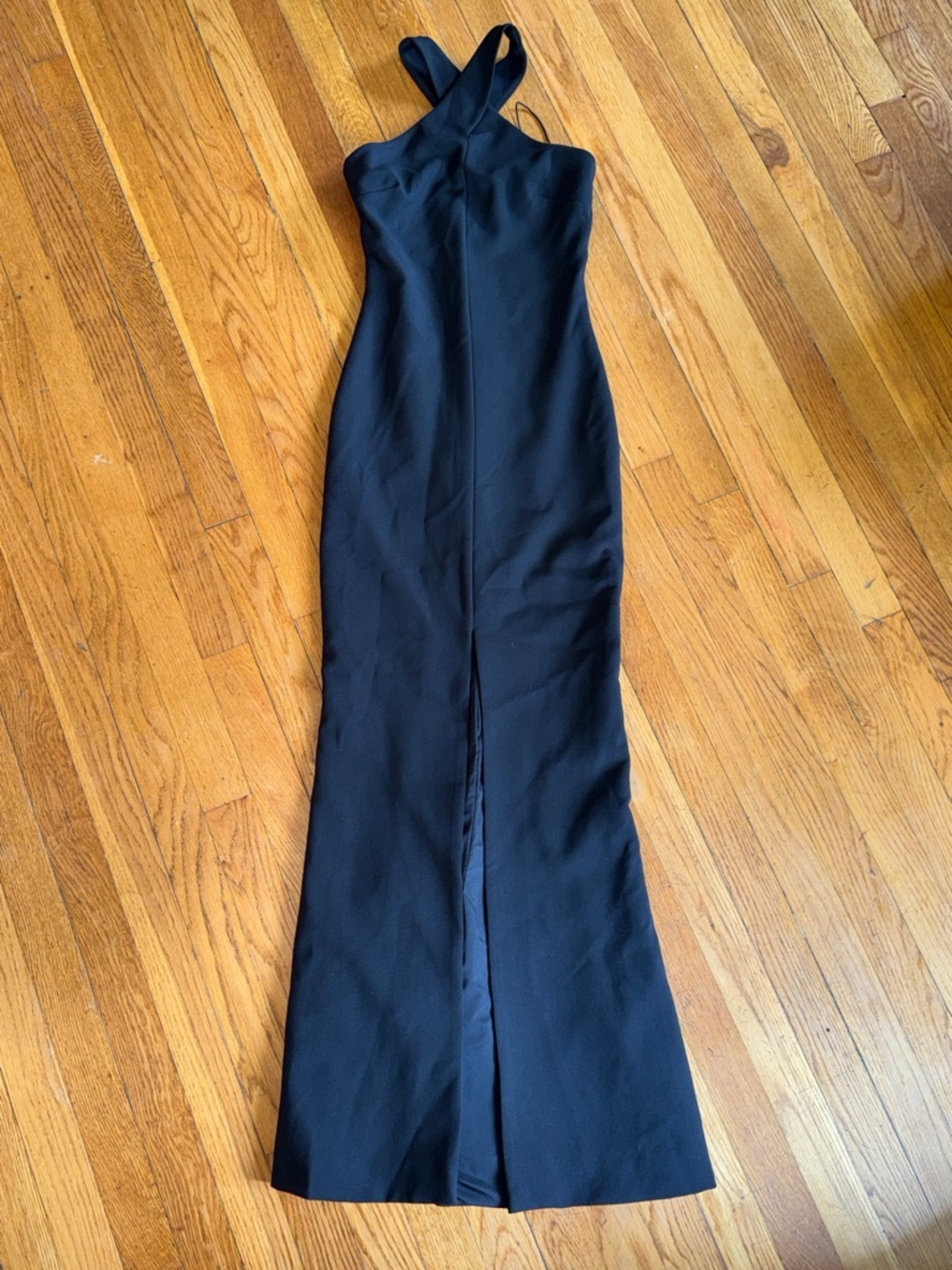 Likely Willa Cross neck halter Black maxi Dress gown slit front 00
